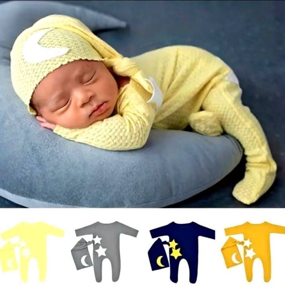 Stars And Moon Baby Yellow Knitted 2pc Jumpsuit